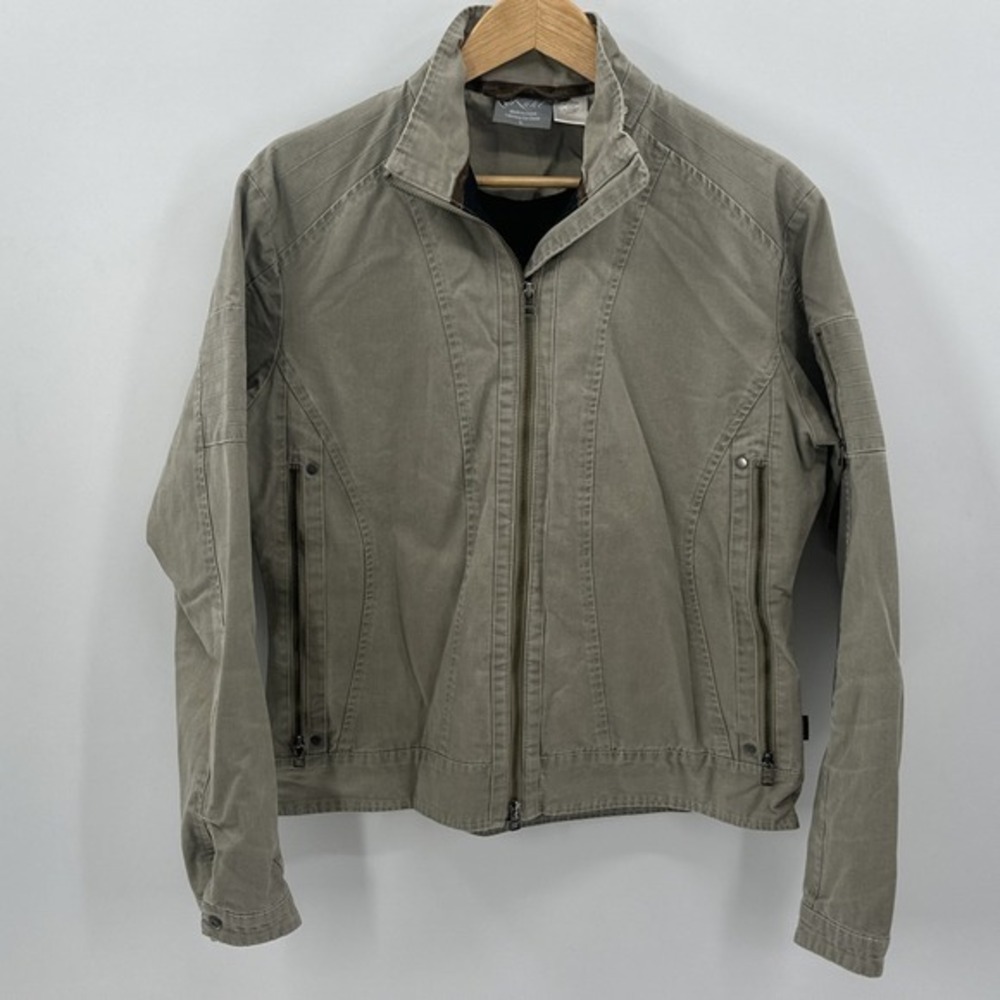 KUHL Jacket Woman's L‎ Tan Canvas Coat Outdoor Work Burr Lined Patina Dye Moto